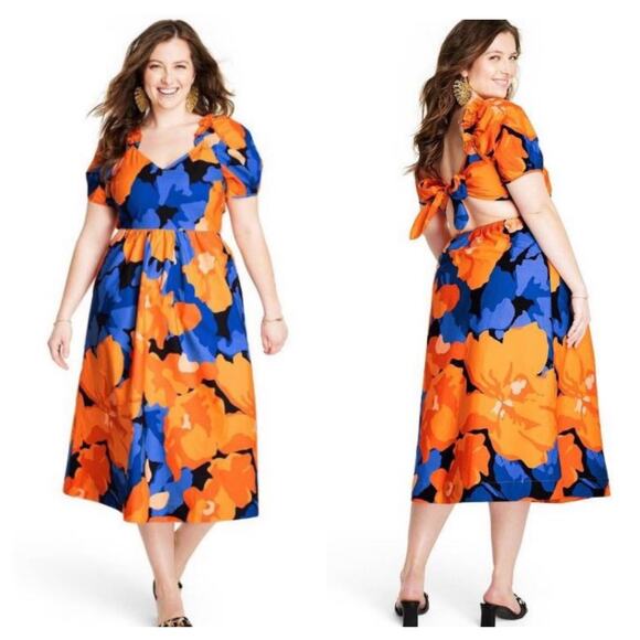 NWT Tabitha Brown Floral Print Puff-Sleeve Tie-Back Midi Dress Size 10 Cut Out - Picture 13 of 13